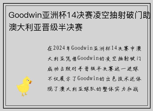 Goodwin亚洲杯14决赛凌空抽射破门助澳大利亚晋级半决赛