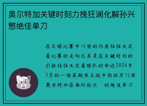 奥尔特加关键时刻力挽狂澜化解孙兴慜绝佳单刀
